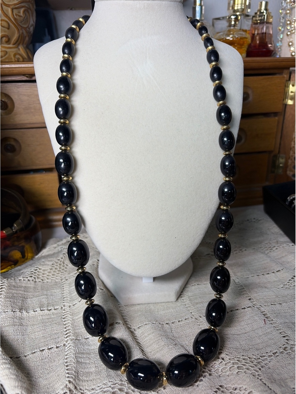 Vintage Signed Napier Black Beaded Necklace Gold Tone Spacer Beads